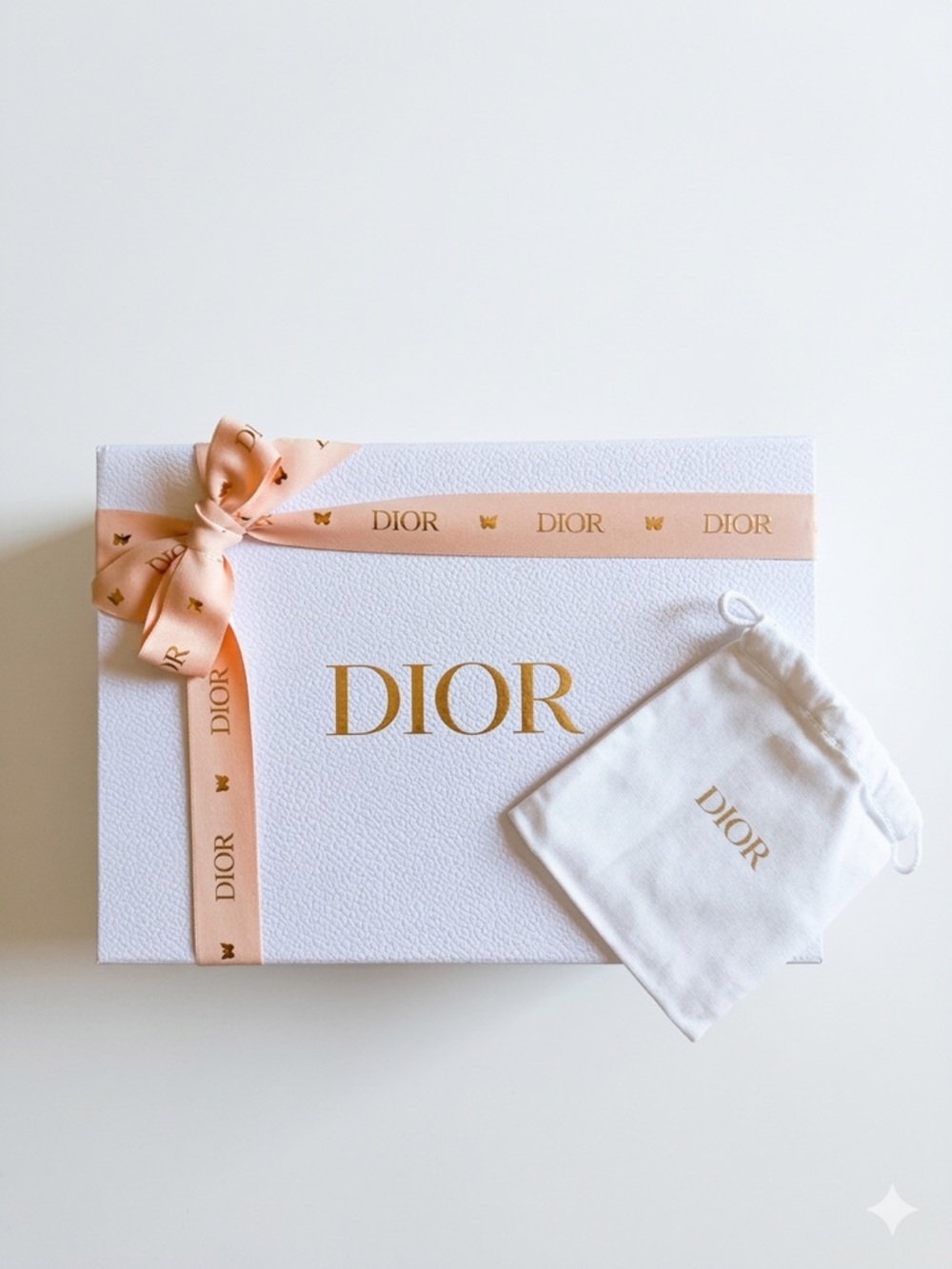 Dior authentic White Gift Box with Peach Ribbon and Gold Logo Bag